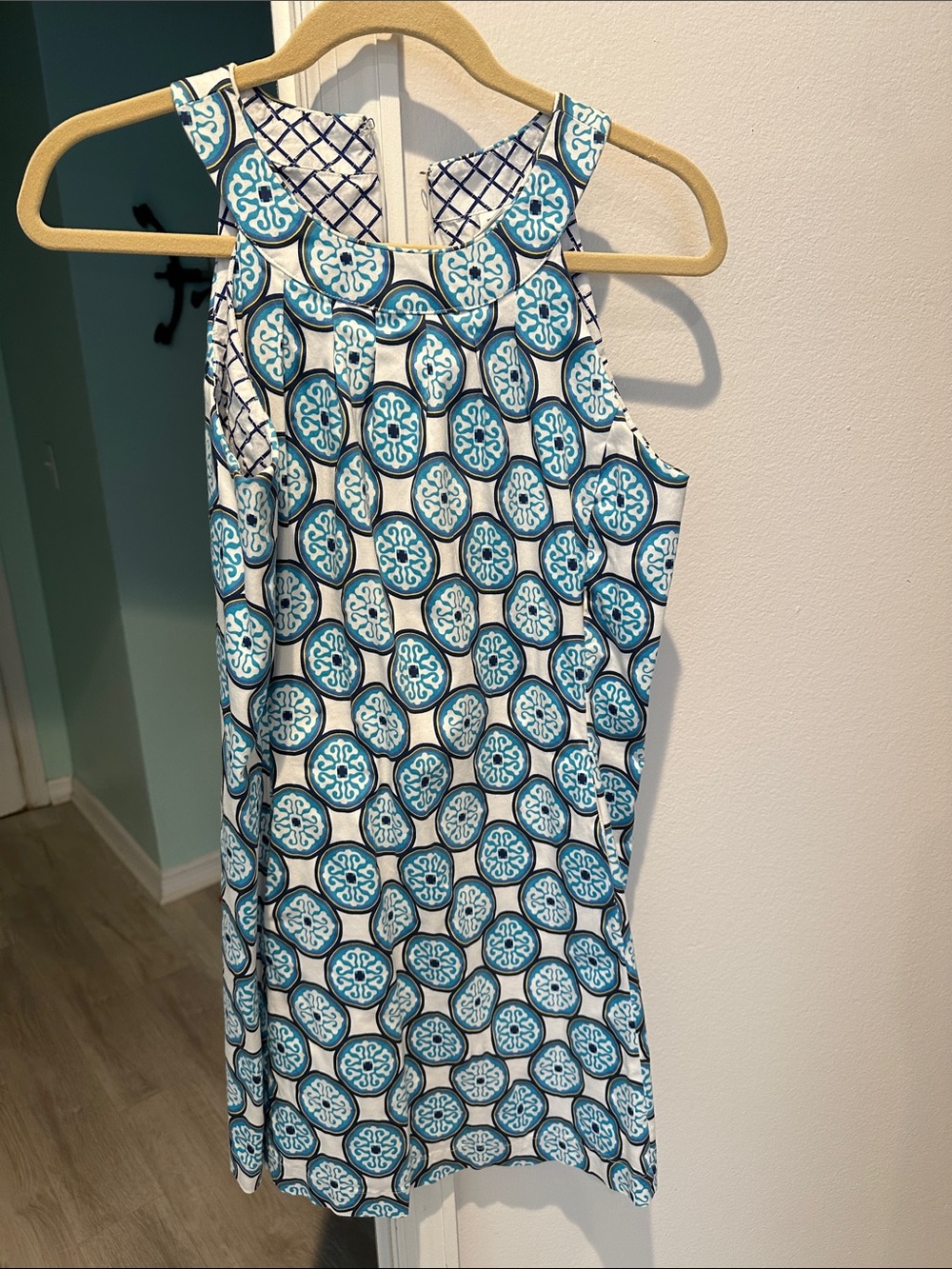 Sleeveless White & Blue Printed Mini Dress